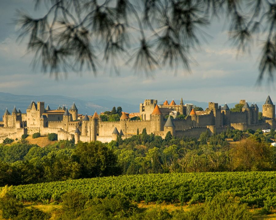 The French walled city of Carcassonne at sunset